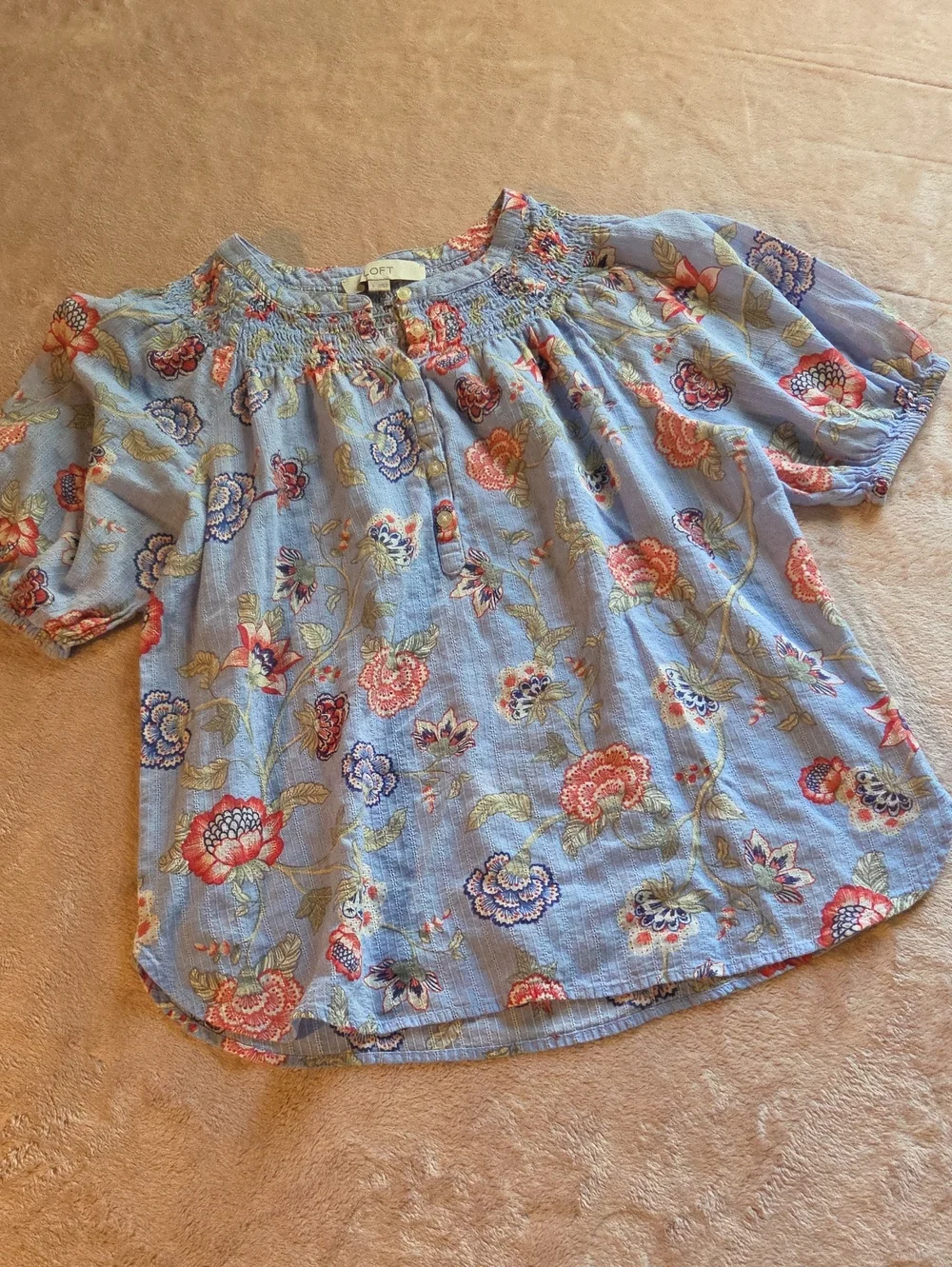 LOFT Blue Floral Smocked Blouse